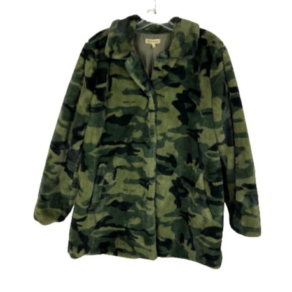 Democracy Faux Fur Coat Jacket Size L Snap Closure Pockets Green Camo 30…